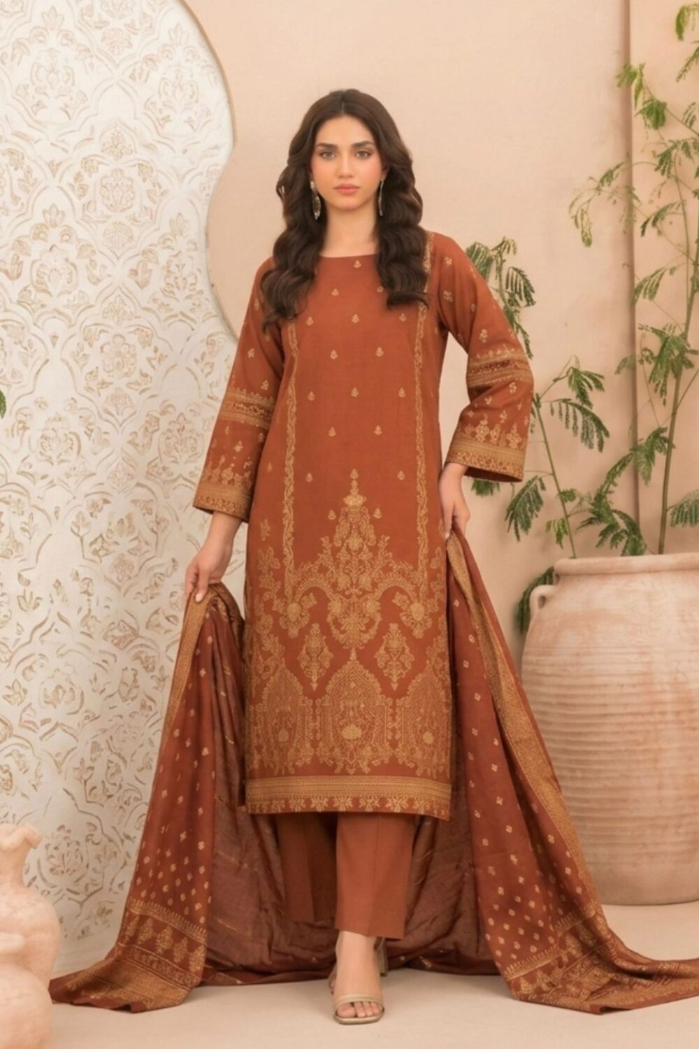 Tawakkal Lania Festive | Antique Rust & Gold Broshia Banarsi Lawn 3PC