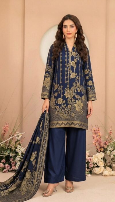 Midnight Navy Blue Floral Broshia Lawn 3PC